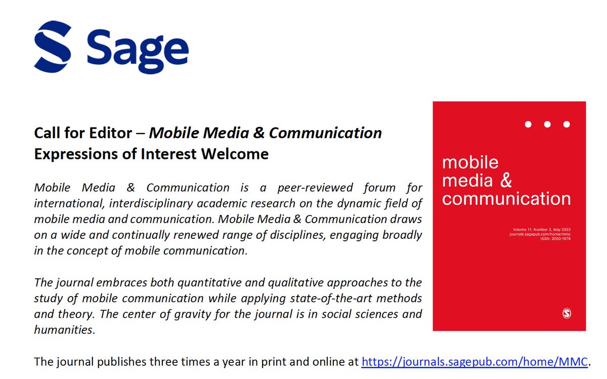 If anyone wants to join me next year as co-editor of Mobile Media &amp; Communication, please check the call on the journal's website: shorturl.at/lmPTX