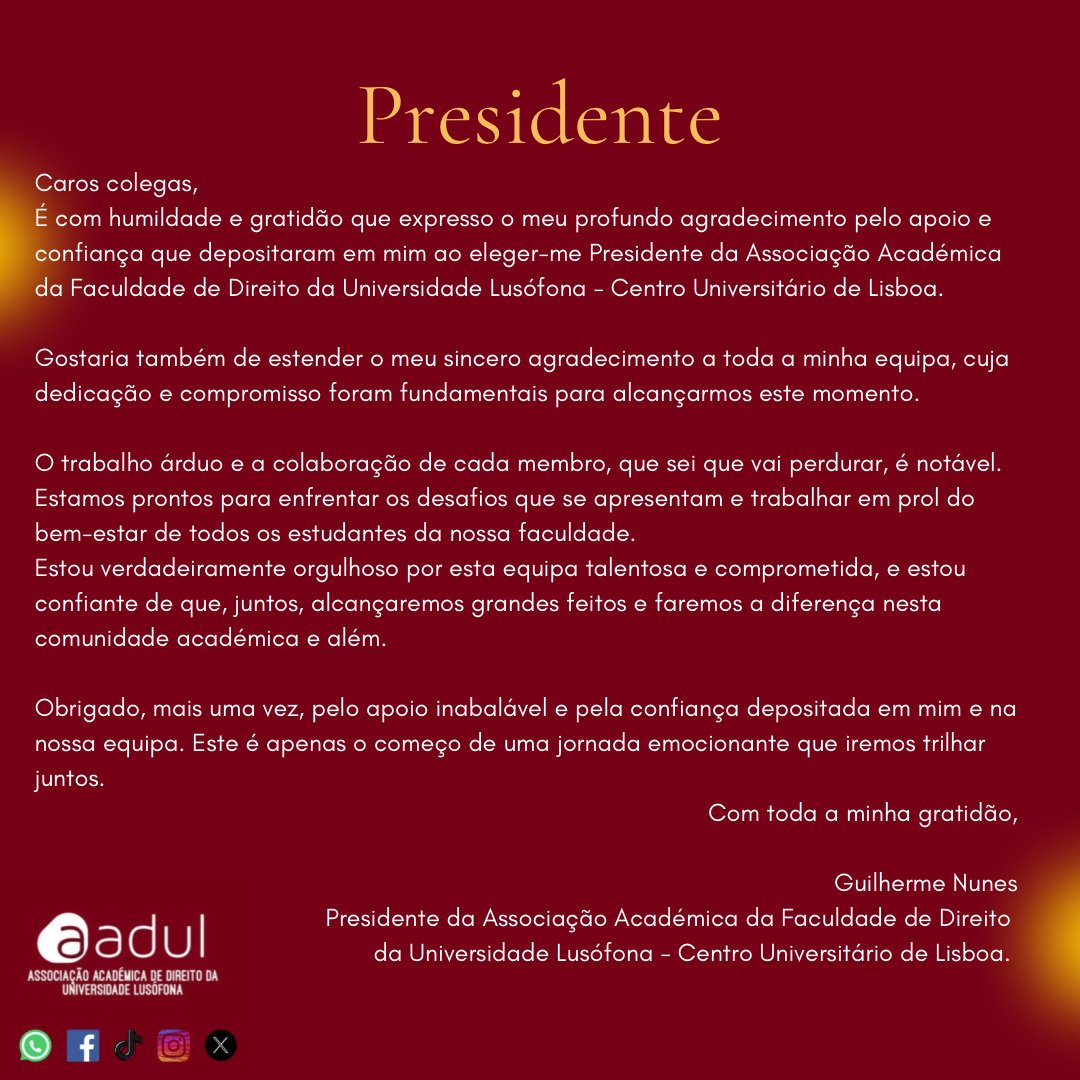 A AADUL anuncia o “Get to know me” que apresenta a nossa Associação Académica de Direito da Universidade Lusófona de Lisboa.
Conheçam quem está por trás da equipa que nos representa a todos! 🎓📚

LinkedIn - linktr.ee/aadul
Instagram - <a href="/aadulusofona/">AADUL</a>
TikTok - <a href="/aadulusofona/">AADUL</a>
