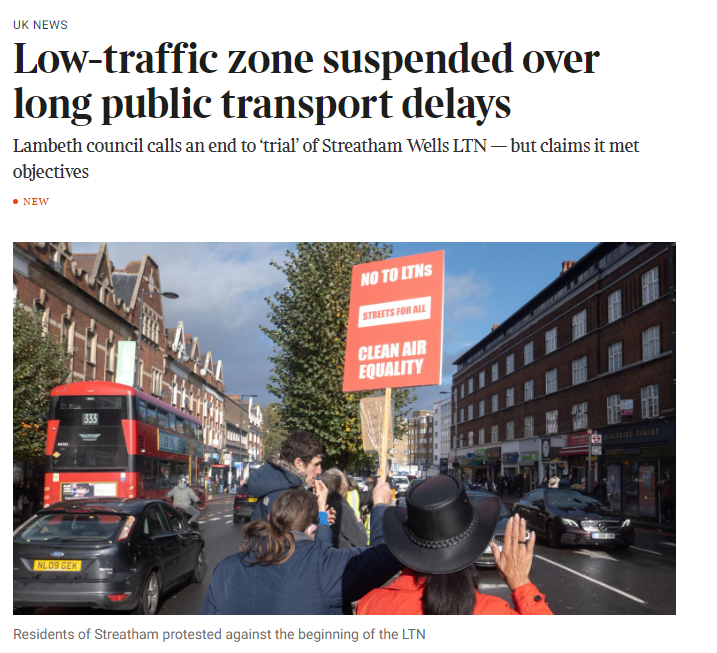 Lambeth Council has finally suspended the Streatham Wells LTN, which has caused huge congestion and bus delays in south London I hope my reporting has contributed to this sensible if long over-due decision. Below is my story and🧵on who's to blame thetimes.co.uk/article/low-tr…