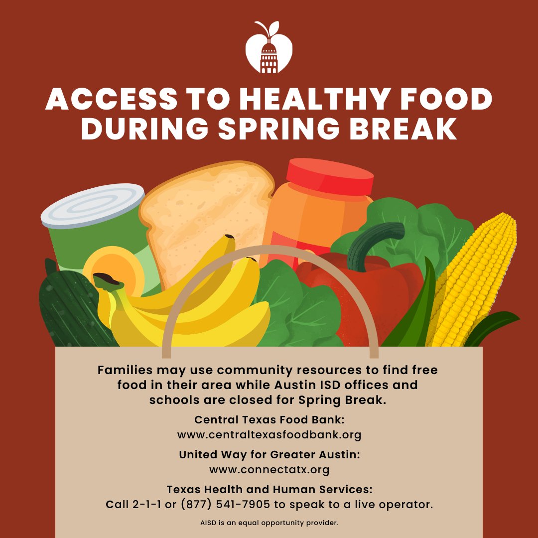 With many @AustinISD students living in food insecure households, access to healthy food may be challenging when the district is closed. Families can use community resources to find free meals in their area while AISD offices and schools are closed for Spring Break.