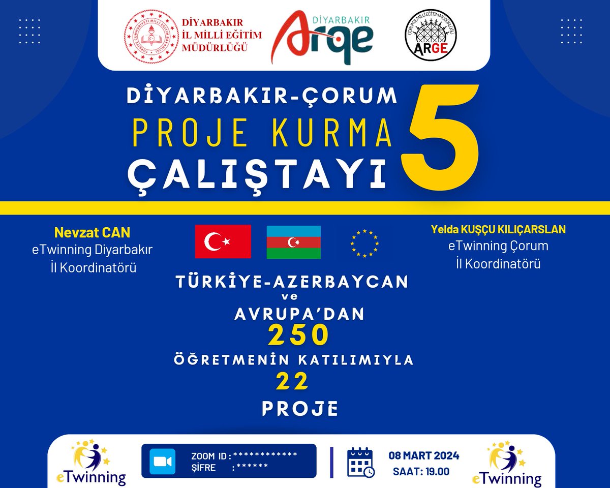 👩‍💻𝕖𝕋𝕨𝕚𝕟𝕟𝕚𝕟𝕘 ℙ𝕣𝕠𝕛𝕖 𝕂𝕦𝕣𝕞𝕒 Ç𝕒𝕝ış𝕥𝕒𝕪ı 5️⃣ @argediyarbakir tarafından çevrimiçi ortamda Türkiye geneli 250 öğretmenin katılımıyla, 22 eTwinning projesi kurma çalıştayı düzenlenecektir. @tcmeb @Murat4Kucukali @mebyegitek @tretwinning