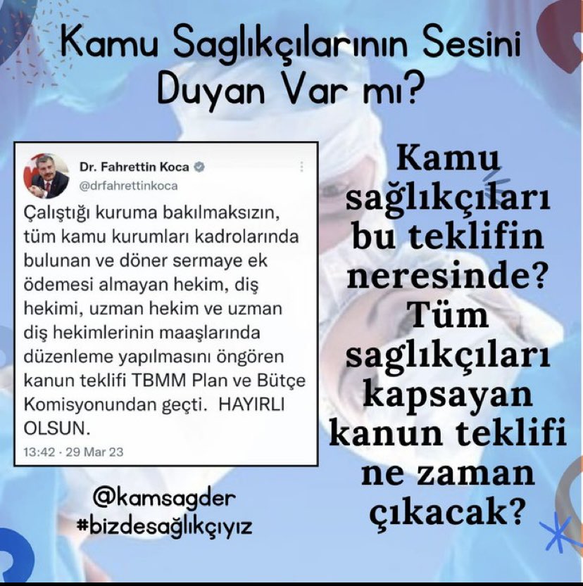<a href="/kamsagder/">KAMU SAĞLIKÇILARI DERNEĞİ</a> Kamu kurumlarındaki sağlık personelleri olarak,Sağlık Bakanlığı bünyesinde çalışan meslektaşlarımızla sabit ek ödeme ve taban ek ödeme kalemlerinde eşitlik istiyoruz.
<a href="/kamsagder/">KAMU SAĞLIKÇILARI DERNEĞİ</a>
 #bizdesağlıkçıyız
<a href="/kursatkirbiyik/">H. Kürşat KIRBIYIK</a>
<a href="/dtcuneytaldemir/">Dt. Cüneyt Aldemir 🇹🇷</a>
<a href="/drpelinyilik/">Doç.Dr. Pelin Yılık</a>