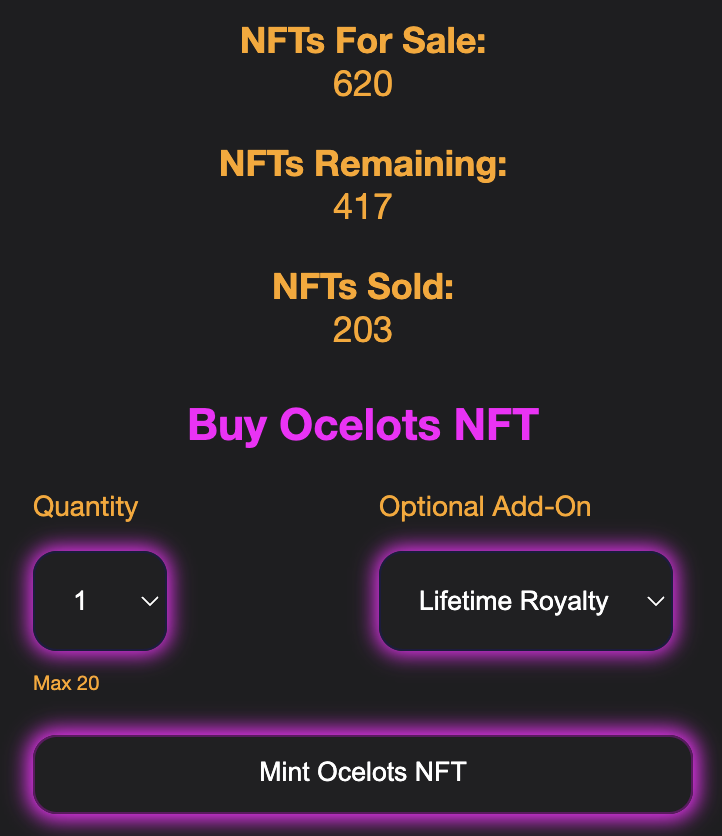Thank you to everyone currently participating in the Ocelots.win NFT Sale/Mint.  
Over 200 minted in just a few hours!  
Sale will continue until sold out!  
Get a 5% Discount if you hold a $SQS Squirrel, a $SDDS Sloth, or compound the discount to 10% by holding both