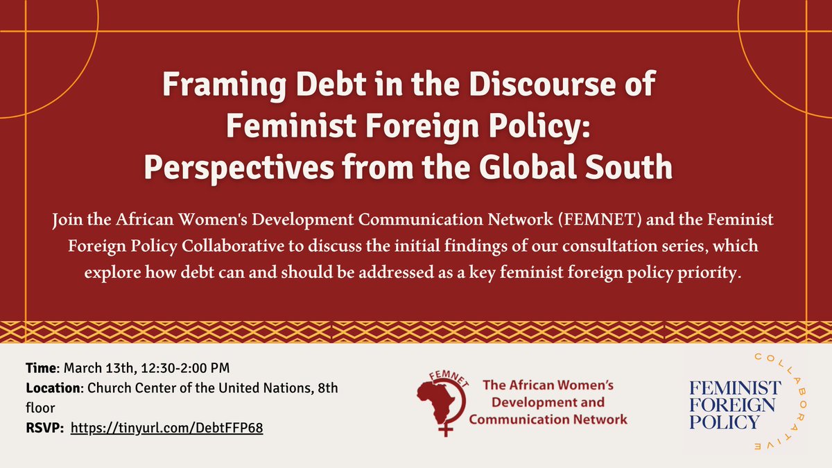 Don't miss out! Join us and our partners <a href="/FemnetProg/">FEMNET</a> at #CSW68 for a crucial conversation on #debt and #FeministForeignPolicy. 

Meet us in-person on Wednesday, March 13, to delve into the inital findings of our consultation series.

🔗RSVP now: tinyurl.com/DebtFFP68