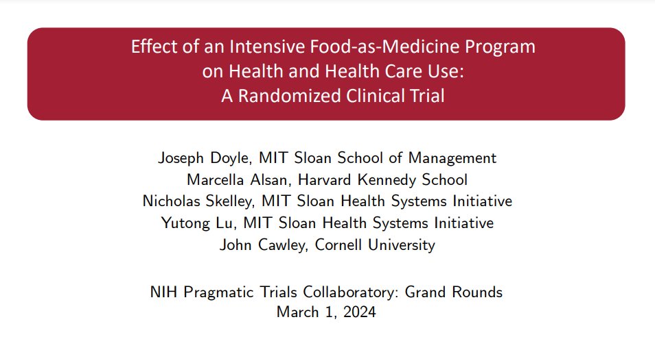 📣 Webinar recording and slides now available: 

'Effect of an Intensive Food-as-Medicine Program on Health and Health Care Use: Evidence From a Randomized Clinical Trial' with Joseph Doyle of @MITSloan 

🔗 bit.ly/3V6WEOO #pctGR