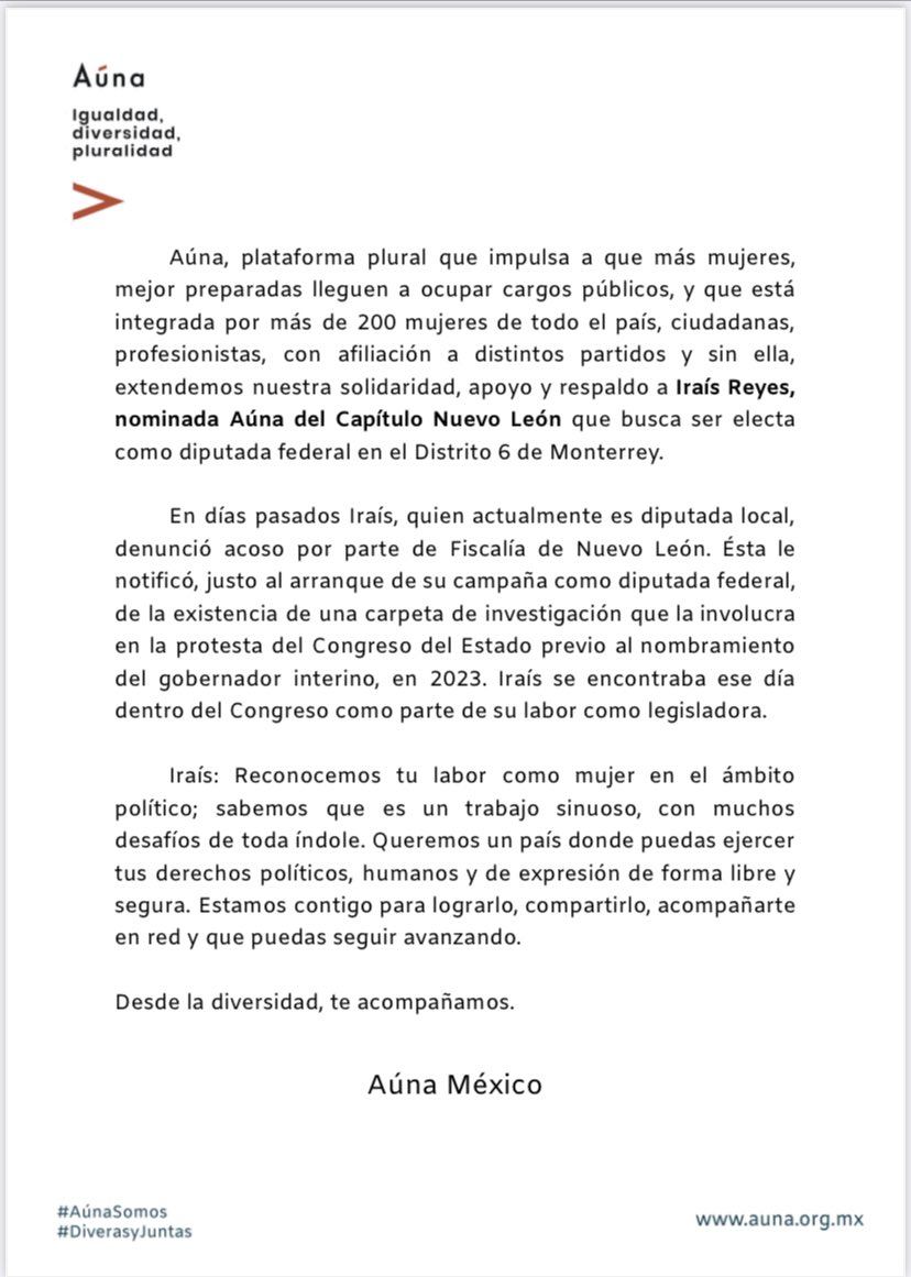 Estamos contigo <a href="/irais_reyes/">Iraís Reyes</a>, nominada Aúna para ser electa como diputada federal en Nuevo León, ante los recientes señalamientos en tu contra. 

#TodasAúna