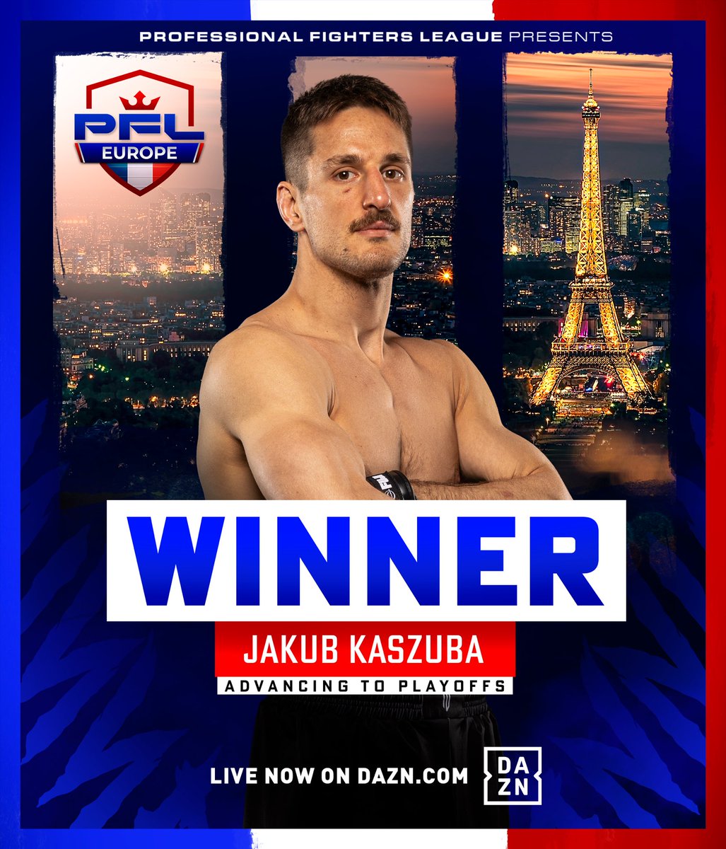 PFLEurope's tweet photo. STILL UNDEFEATED! 🔥

2023 PFL Europe Lightweight Champion @TheAuditorPL advances to the playoffs after a hard fought win over Kane Mousah! 

He faces Daniele Scatizzi in the PFL Europe Lightweight Playoffs! 

#PFLParis | LIVE NOW on DAZN https://t.co/cCoJKicT4z