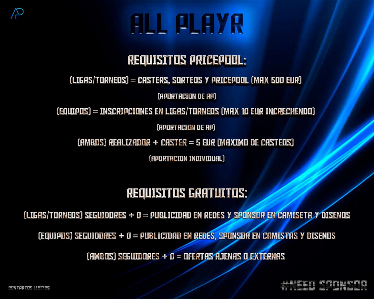 ¿Quieres formar parte de All Playr? ¿Necesitas apoyo en videojuegos o como equipo?  
Podrás ofrecernos cualquier tipo de colaboración y nuestro equipo se encargará de valorarla✍️No pierdas tu oportunidad y únete a nosotros!! 
#sponsor #videojuegos #ligas #torneos #gamers #esports