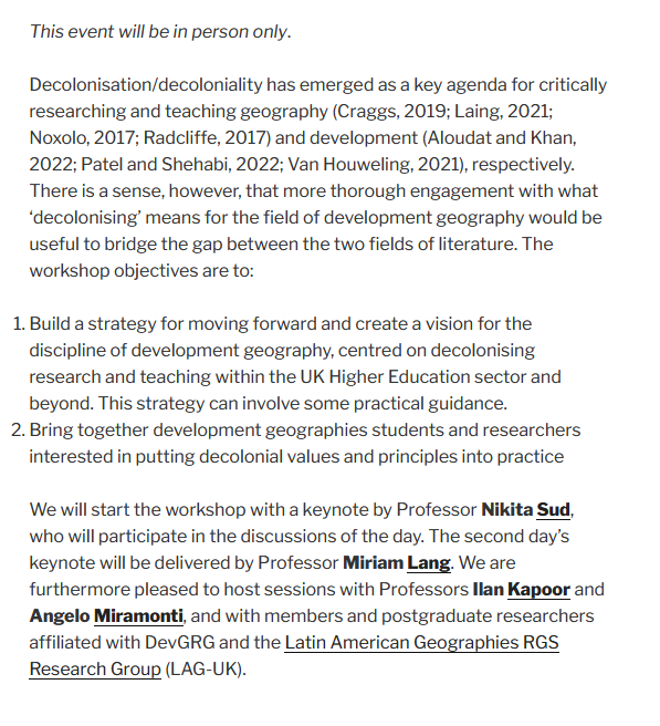 Important Update❗️ We are bringing the application deadline forward to 30 April ❗️🗓️

Applications have been coming in for our 2-day 'Decolonising Development Geographies' workshop, 17-18 June in London. 

Plenty of spaces left though so please apply 🔥⬇️

developmentgeographiesrg.org/news