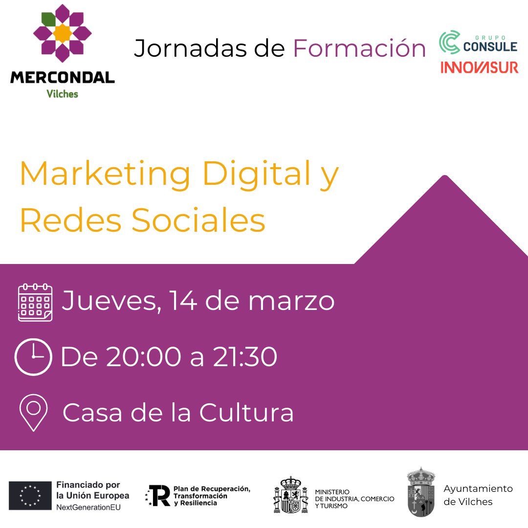 GrupoConsule's tweet photo. Seguimos con la formación 🧑‍🏫 

➡️El próximo martes estaremos en Vilches junto a @Innovasur explicando en que consiste Mercondal y el uso de su plataforma digital
➡️El jueves, hablaremos sobre marketing digital y redes sociales.

Nos vemos a las 20:00 en la Sala de la Cultura. https://t.co/7xWGcSufc5