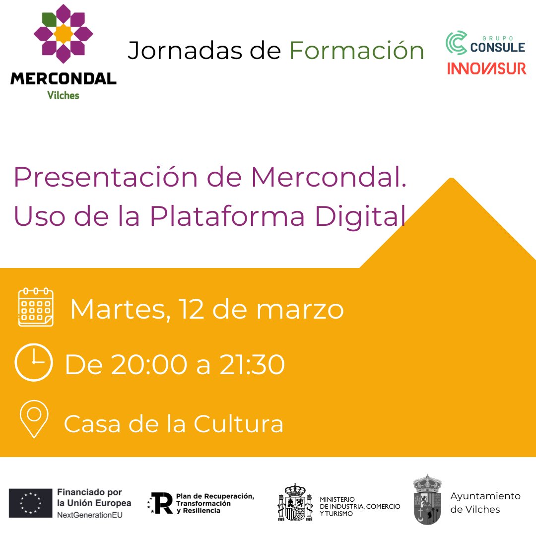 GrupoConsule's tweet photo. Seguimos con la formación 🧑‍🏫 

➡️El próximo martes estaremos en Vilches junto a @Innovasur explicando en que consiste Mercondal y el uso de su plataforma digital
➡️El jueves, hablaremos sobre marketing digital y redes sociales.

Nos vemos a las 20:00 en la Sala de la Cultura. https://t.co/7xWGcSufc5