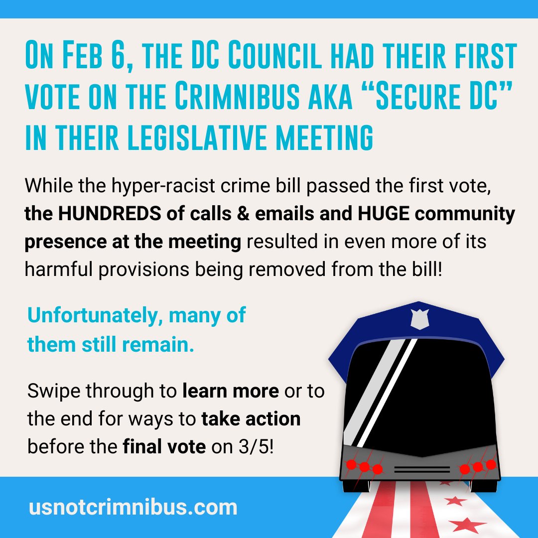 🚫 #SecureDC is a nightmare for DC communities! It's loaded with provisions that only serve to perpetuate racism and injustice. We can't afford to let this slide. Speak out against the bad provisions today! usnotcrimnibus.com/?utm_campaign=…