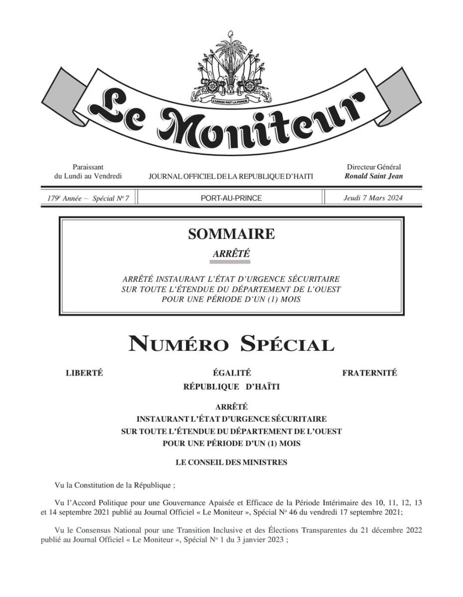 Pagen oken'n òlalwa kap bay tèt yo tit, fonksyon ak kalite pou pibliye Arete sou eta ijans ankò.Depi 7fevriye 2024, Peyi a pagen ni minis ni premye minis.  Pèp la pap pran nan divèsyon.! arete eta ijans saa, se pou yo kapab fin decĥèpiye tirès sa k rete nan trezòpiblik la!bare yo