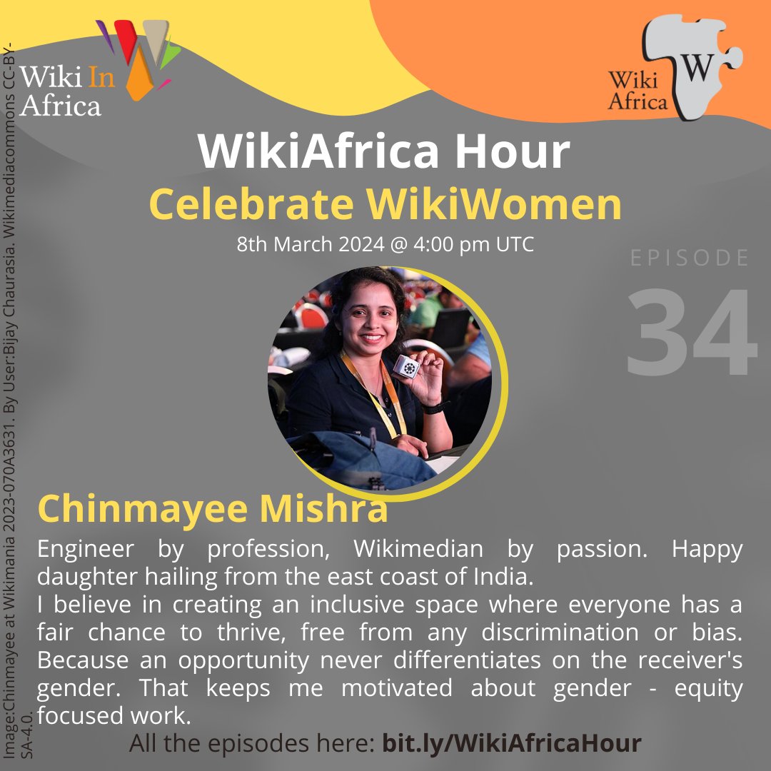 Meet our guest for #WikiAfricaHour: Celebrate #WikiWomen! Tomorrow at 4:00 PM UTC, join us with <a href="/chinumishra007/">Chinmayee K. Mishra</a> , an accomplished #Indian #Wikimedian and key organizer of <a href="/WikiWomenCamp/">WikiWomenCamp</a> 2023. 
Don't miss this special session celebrating the contributions of #WikiWomen!