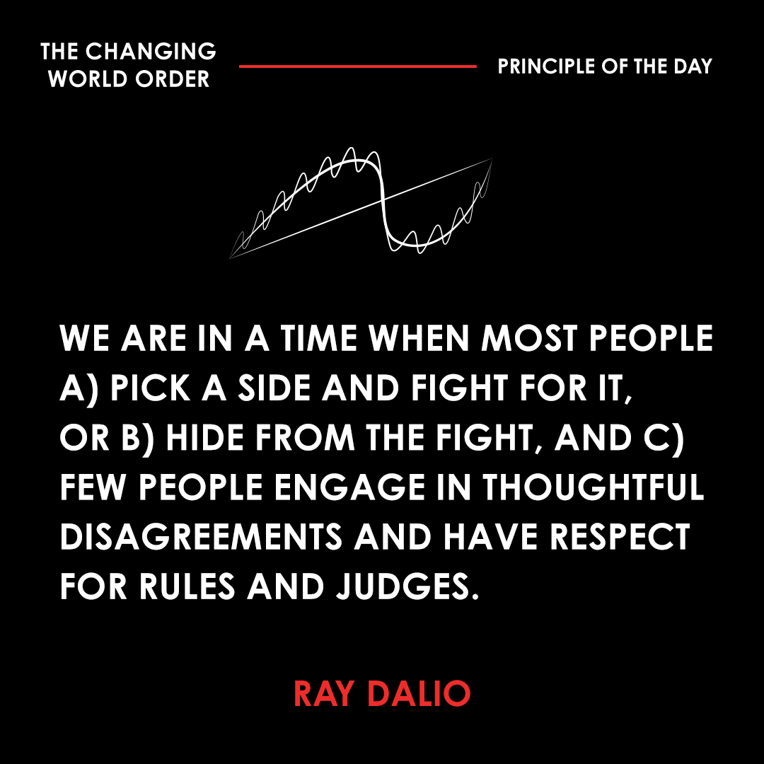RayDalio's tweet photo. It is a time when the domestic order is on the brink of civil war, when there are irreconcilable differences over wealth and values, when there are win-at-all-cost fights for power, when there is a loss of truth in the media and a rise in propaganda, and when democratic orders are at risk of being disrupted because democracies require people to follow a system that resolves differences by following rules, which they are increasingly unwilling to do. It's a time that is both threatening and classic and is described comprehensively as Stage 5 of the Big Cycle in Chapter 5 of my book Principles for Dealing with the Changing World Order. 

While all of this sounds crazy, I know from my survey result taken last fall that nearly 90% of the 43,000 Americans surveyed don't trust most politicians to render fair judgments. There are also numerous surveys showing that faith in institutions like the US Supreme Court are at all-time lows.

That is the setting for the battle that’s about to come. 2024 will be an interesting stress test year that will affect the whole world in big ways. #principleoftheday