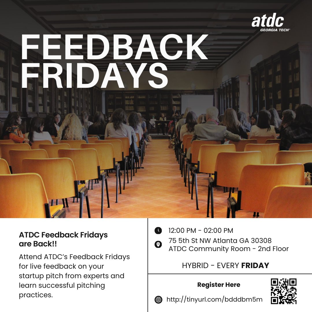 Join us at ATDC Feedback Fridays! Get live feedback on your pitch decks from our guests. More information will be included in the ticket email following registration. Learn more and register here: tinyurl.com/bdddbm5m #startup #pitching #entrepreneurship