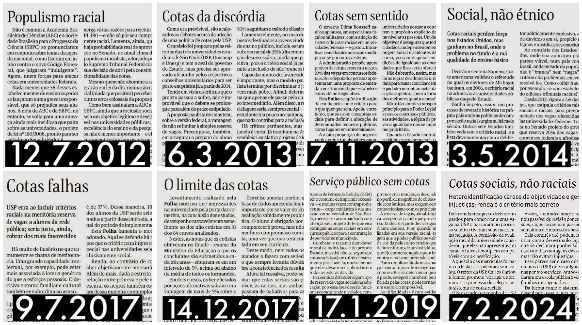 Doze anos de editoriais da Folha contrários às cotas raciais. Uma convicção impermeável a fatos, dados, estudos e análises 🤔