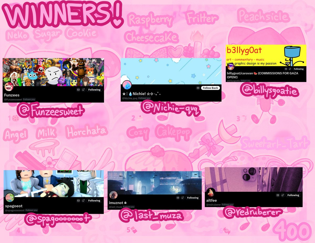 milkyuyuu_'s tweet image. HERE ARE OUR SWEET LOVELY WINNERS!!! EVERYONE SAY CONGRATZ :] Everything was determined with a wheel spin! 

To those of you who haven't won, that's alright! I'll likely do more of these in the future :) THANKS TO EVERYONE WHO ENTERED!
