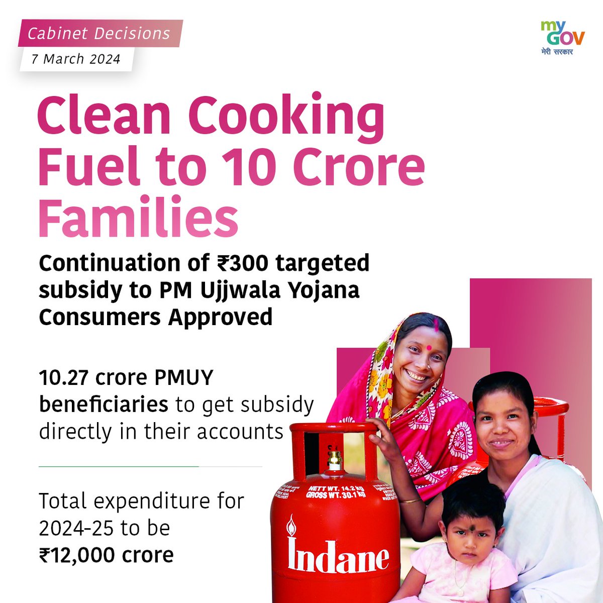 Cabinet approves the continuation of Rs 300 targeted subsidy to PM Ujjwala Yojana consumers. 10.27 crore beneficiaries set to receive direct subsidies in their accounts. Total expenditure for 2024-25 estimated at Rs 12,000 crore.

#CabinetDecisions