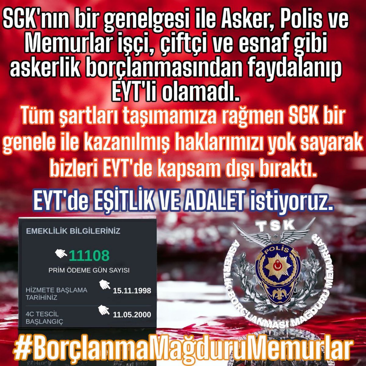 <a href="/tgrthabertv/">TGRT HABER</a> <a href="/tunaoztunc/">Tuna Öztunç</a> Sn <a href="/tunaoztunc/">Tuna Öztunç</a> 
Bir Genelge ile çözülecek kadar Basit bir konu olan Asker ve polislerin Askerlik borçlanması konusu çözülmedigi müddetçe #bundansonra kimse haktan, Adaletten, eşitlikten bahsetmesin.