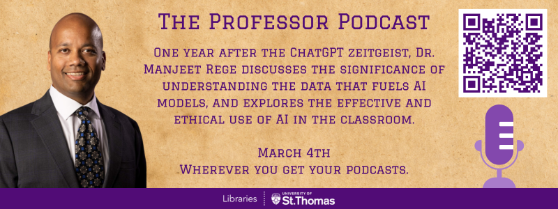 One year after the ChatGPT zeitgeist, Dr. Manjeet Rege, @UofStThomasMN @GPS_UST professor and #AI expert, discusses the significance of understanding the data that fuels AI models and more in this edition of 'Professor Podcast': libguides.stthomas.edu/ppseason2/rege