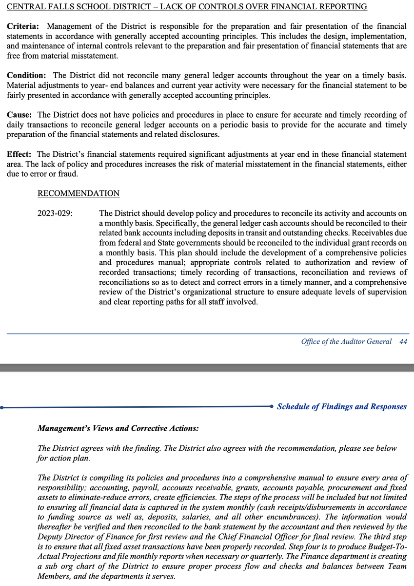 RIDE runs the Central Falls School District, and the Auditor General's report says their financial management is a complete mess.  They've admitted it, too.  They found the same thing last year, but they still didn't fix it.