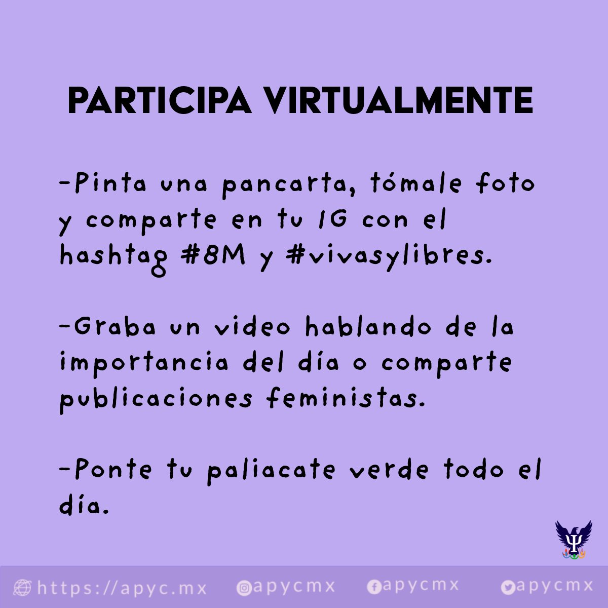 apycmx's tweet photo. Si este #8M no puedes asistir a la marcha, puedes hacer esto para apoyar de otra forma 💜

#8M #8demarzo #VivasyLibres #niunamenos💜 #marcha8marzo #Marcha8M https://t.co/2M6PUyIZjx