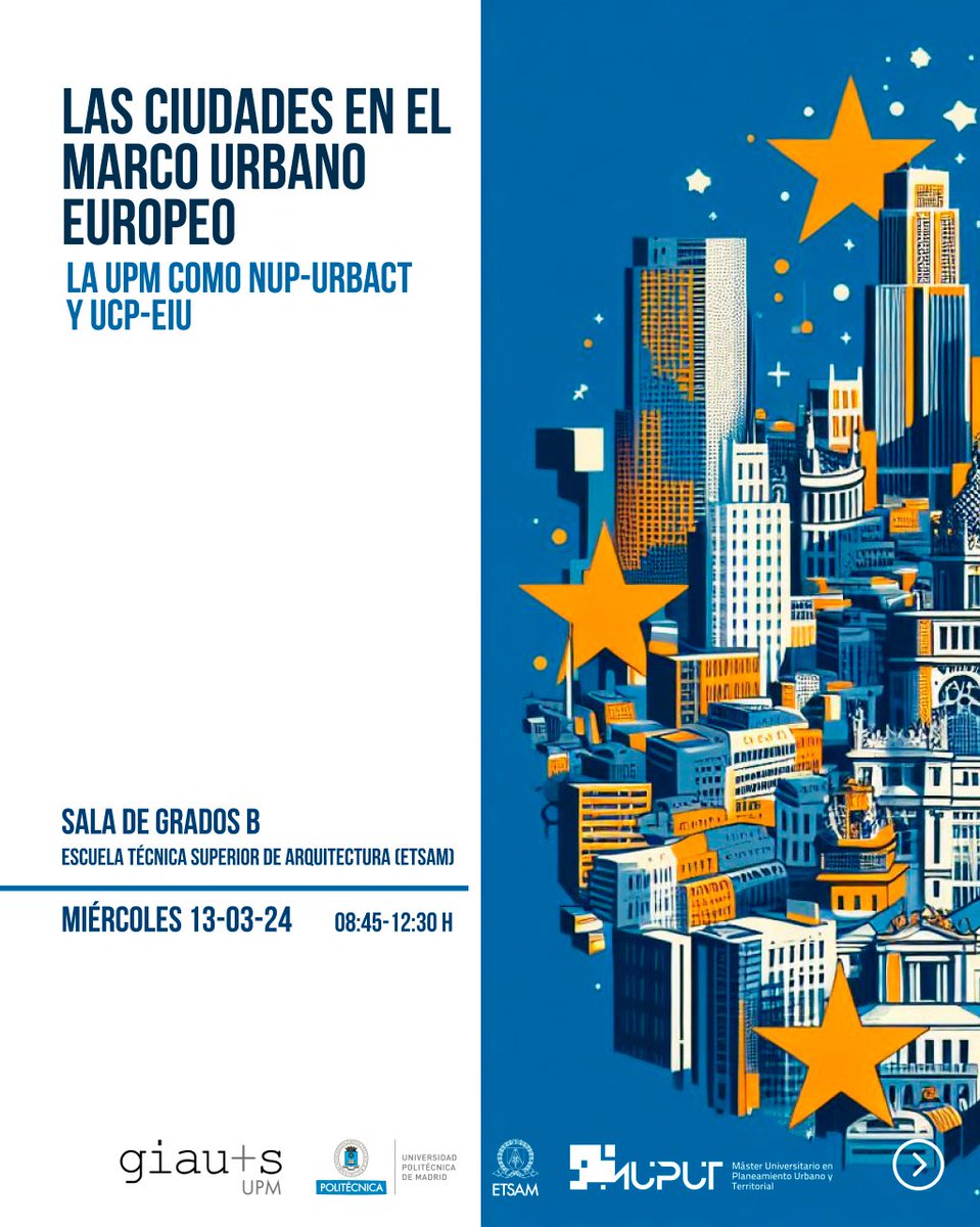 URBACT_ES's tweet photo. 📢 Jornada "Las ciudades en el marco urbano europeo 🇪🇺. La UPM como NUP-Urbact y UCP-EIU"  #Ciudades  
📅13 de marzo de 2024  
🏦 Sala de Grados B. ETSAM (Madrid) 
⏰ De 08:45 a 12:30 
Organizado por @URBACT_ES en colaboración con @GiausUpm 
¡Os esperamos! https://t.co/CneYbSOaJX