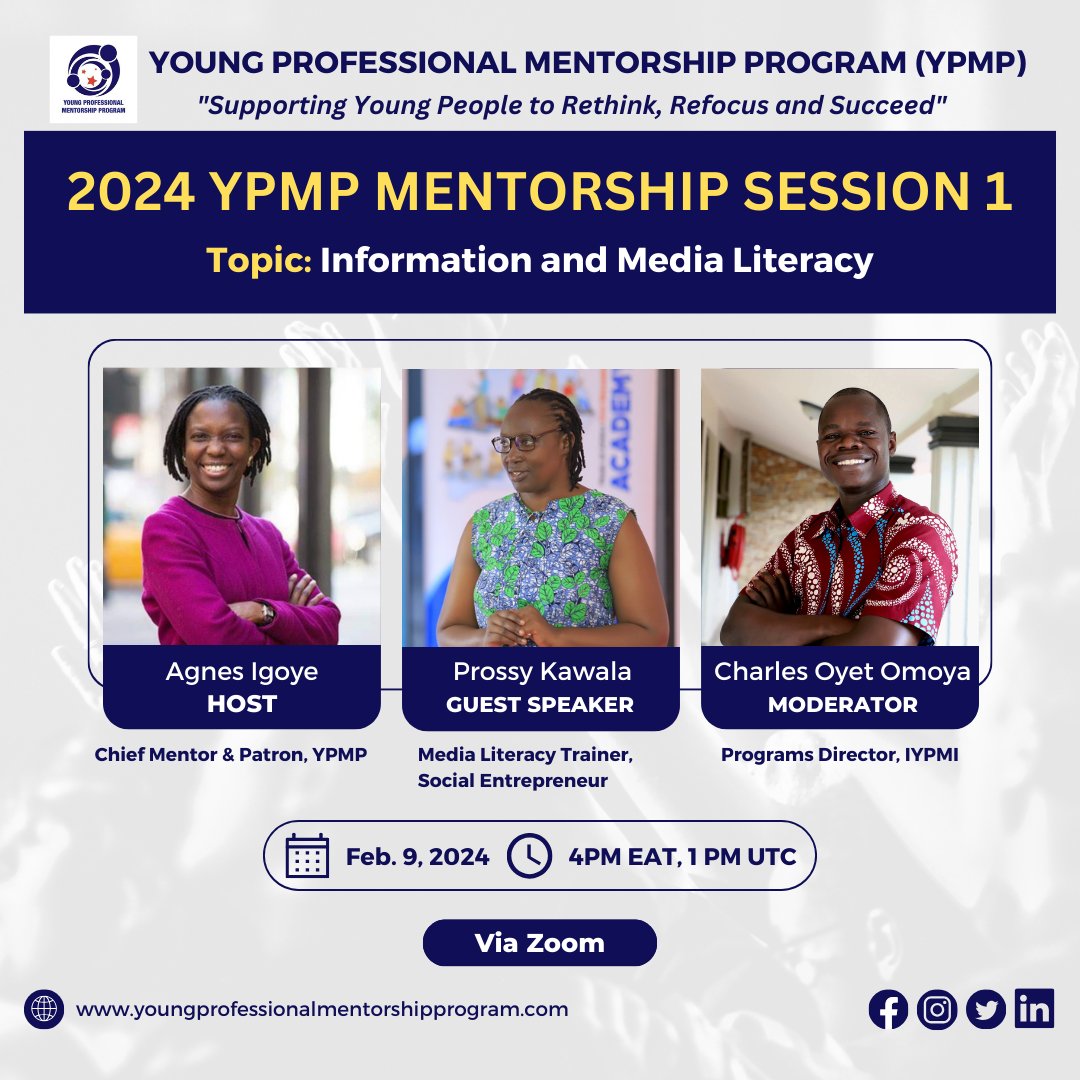 Join our chief mentor <a href="/AgnesIgoye/">Agnes Igoye</a>  this Saturday in a hybrid discussion about "Information and Media Literacy".
<a href="/YPMP_Ug/">Igoye Young Professional Mentorship Institute</a> Excited to be part of class of 2024
#YPMPClassOf2024