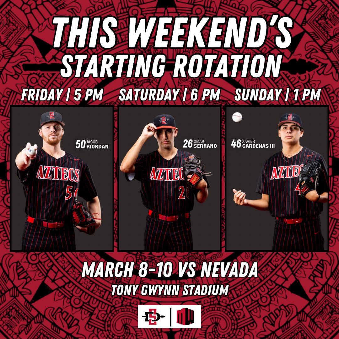 🚨 Starting Rotation 🚨

<a href="/Jacob_riordan11/">Jacob Riordan</a> , <a href="/Omar122302/">Omar</a> , and <a href="/xaviercIII/">Xavier Cardenas III</a> have been named as the Starting Rotation for this weekend’s series vs Nevada! #GoAztecs