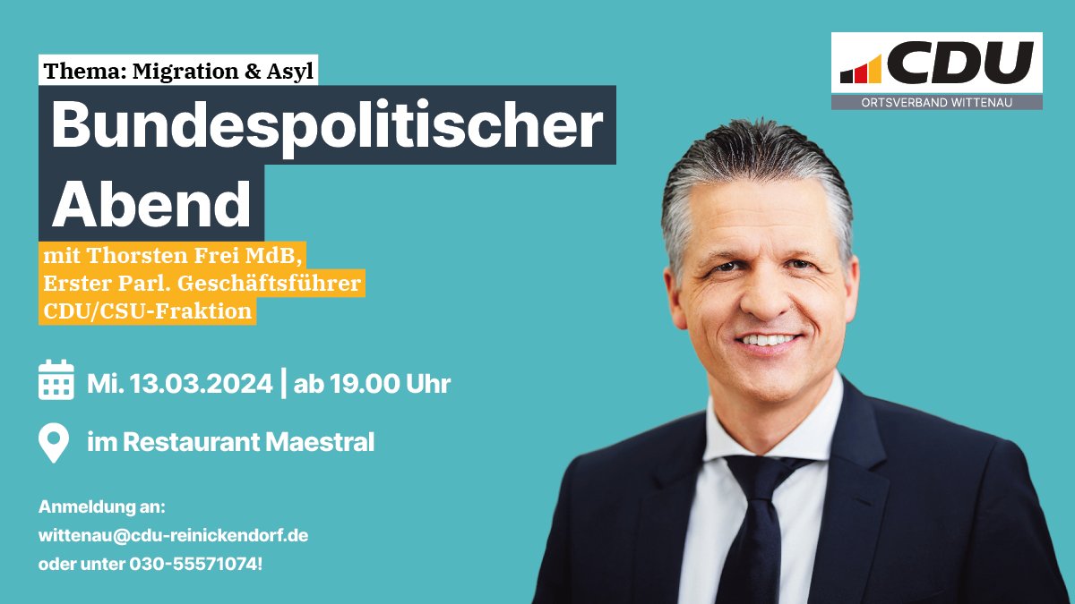 Beim Bundespolitischen Abend der #CDU #Wittenau mit @thorsten_frei diskutieren wir über Migrations- und Asylpolitik sowie weitere aktuelle Themen. Herzliche Einladung! Für die Teilnahme ist eine Anmeldung erforderlich. Meldet Euch via PN bei bei mir!