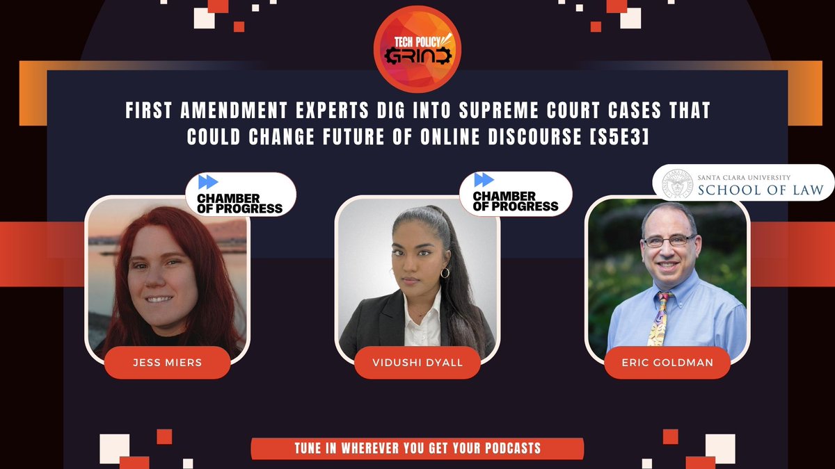 ⚡️Foundry alum takeover⚡️This week, Chamber of Progress' @jess_miers hosted an episode of the Tech Policy Grind with @ericgoldman and @vidushi_law to break down last week's SCOTUS hearings that sparked a debate around free speech and platform regulation: bit.ly/439Omb4