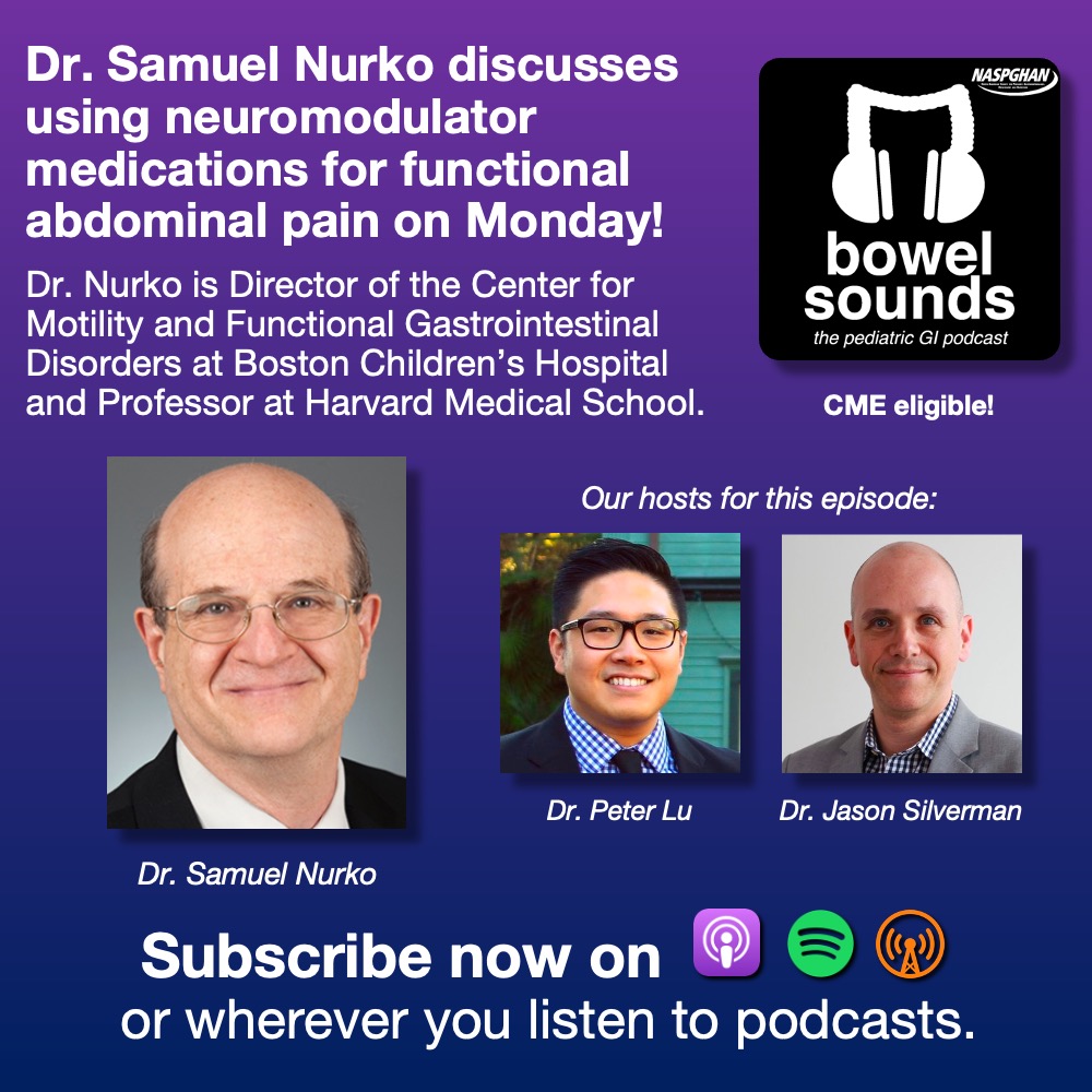 Don't miss Monday's episode w @NurkoSamuel on neuromodulator medications for children with functional abdominal pain! He talks to @PLLU & @DrJSilverman about explaining their rationale to families and choosing the right one for each patient. 🙏 @JenniferLeeLee1 @temarahajjat