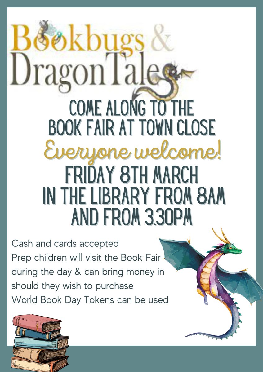TownCloseSchool's tweet photo. Please come along to the @Bookbugsdragon1 Book Fair tomorrow in Town Close Library. Please see the poster 👇 for more information!

#TownCloseLibrary #TownCloseBookWeek #TownCloseCommunity #TownCloseReading #TownCloseVisitors https://t.co/wSfqOz9Ue2