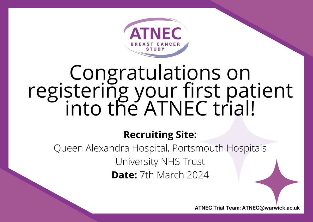 ATNEC Breast Cancer Study (@atnec1) on Twitter photo Congratulations to <a href="/ercstjohn/">Edward St John</a> and the <a href="/PHU_NHS/">Portsmouth Hospitals University NHST</a> team who registered their 1⃣st ATNEC participant this afternoon, just one week after opening to recruitment!
A fantastic start. Well done to all of the <a href="/PHUresearch/">Portsmouth Hospitals Research</a> team 👏 Congratulations to <a href="/ercstjohn/">Edward St John</a> and the <a href="/PHU_NHS/">Portsmouth Hospitals University NHST</a> team who registered their 1⃣st ATNEC participant this afternoon, just one week after opening to recruitment!
A fantastic start. Well done to all of the <a href="/PHUresearch/">Portsmouth Hospitals Research</a> team 👏