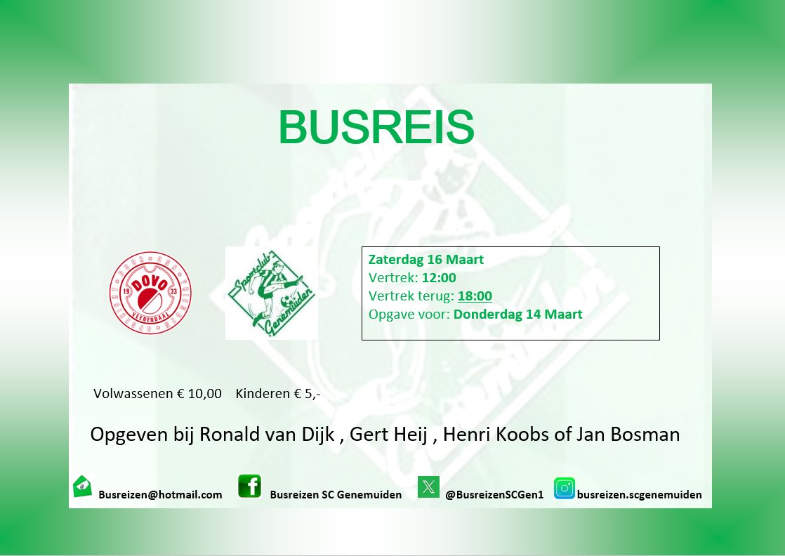 BusreizenSCGen1's tweet photo. Dit weekend geen competitie wedstrijd voor ons vlaggeschip.
Maar volgende week gaat @scgenemuiden  weer knallen tegen @vvDOVO  💥⚽️.
Er zijn nog enkele plaatsen vrij voor de busreis richting Veenendaal.
Geef je nog snel ff op #12eman #supportSC 
TERUGREIS 18:00 https://t.co/NpKYsen1jF