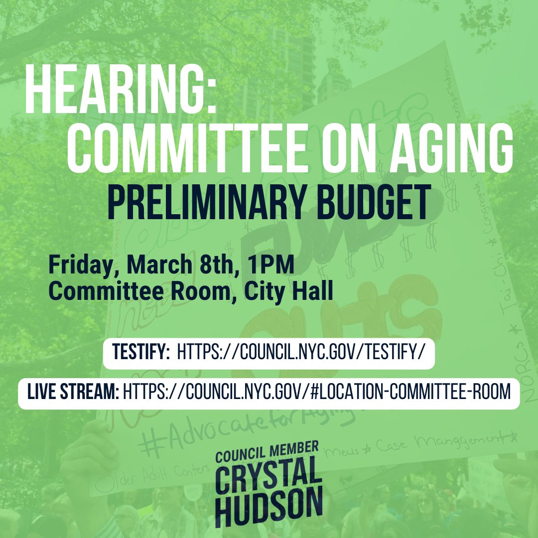 CMCrystalHudson's tweet photo. NYC is set to see billions in previously unprojected revenue. Despite this, @NYCAging's Prelim Budget is full of unnecessary cuts. Join me tomorrow for the @NYCCouncil Committee on Aging's Preliminary Budget Hearing at 1PM, and let's talk 💰!

Live Stream: https://t.co/nYVpMF27KF https://t.co/O1oPspYBJF