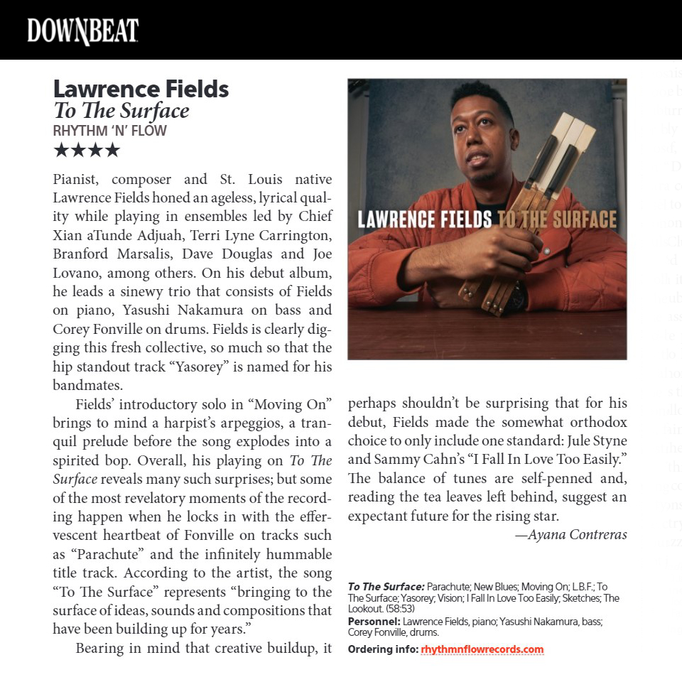 lfieldsmusic's tweet photo. Woke up this morning to the @DownBeatMag review of the new album — 4 stars! ⭐️⭐️⭐️⭐️ This season really has me overflowing, and it feels like the culmination of one of the most exciting months of my life. Thanks for all the love for “To the Surface” from all over the world! https://t.co/rLhydcLk33