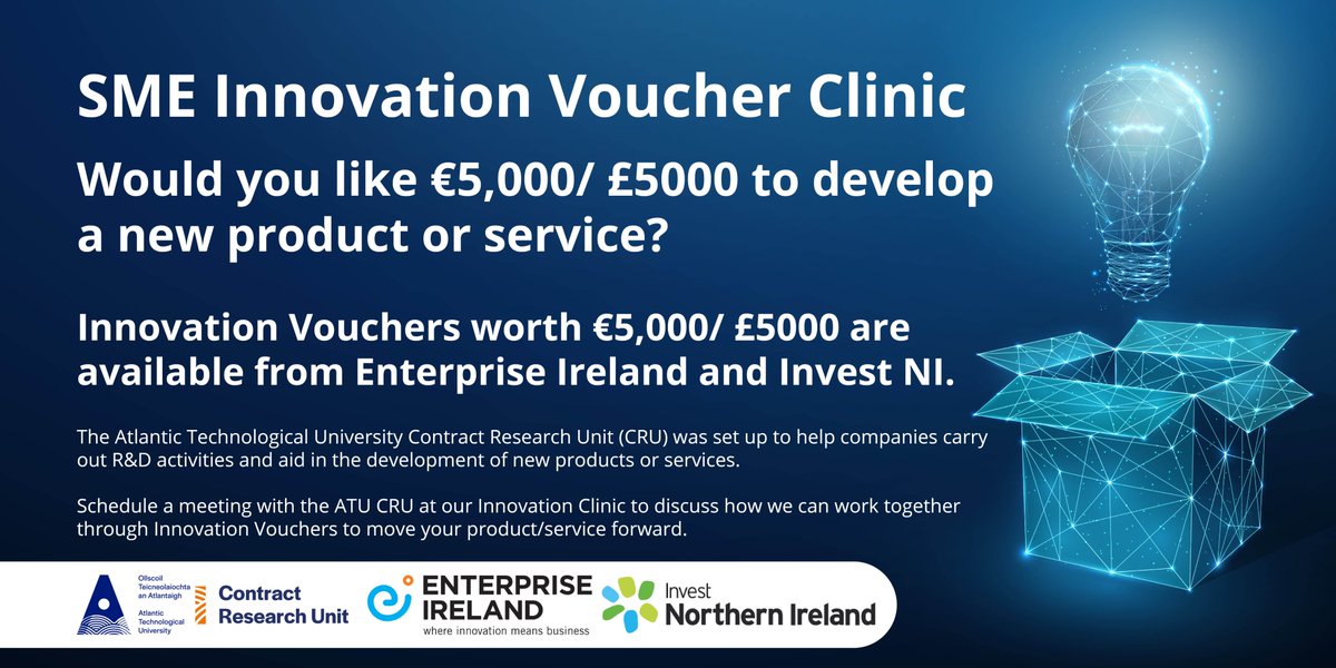 Would you like €5,000/ £5000 to develop a new product or service? 
The <a href="/atu_ie/">Atlantic Technological University</a> <a href="/ATU_CRU/">ATU Contract Research Unit - CRU</a> are running online SME Innovation Voucher Clinics on March 21st, 22nd &amp; 23rd. 

To Register please see the link below: 
eventbrite.ie/e/online-sme-i…