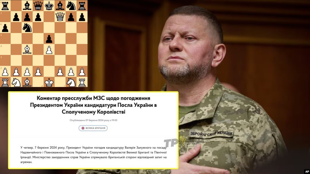 UKRAINEC_DNEPR's tweet photo. COMBAT GENERAL AS AMBASSADOR: Zelensky appointed Zaluzhny ambassador to Britain.
Kyiv is making a shameful move leading to checkmate and loss on the battlefield and in the political arena. This is exactly what everyone is observing in Ukraine today... https://t.co/5FwPf31K9k