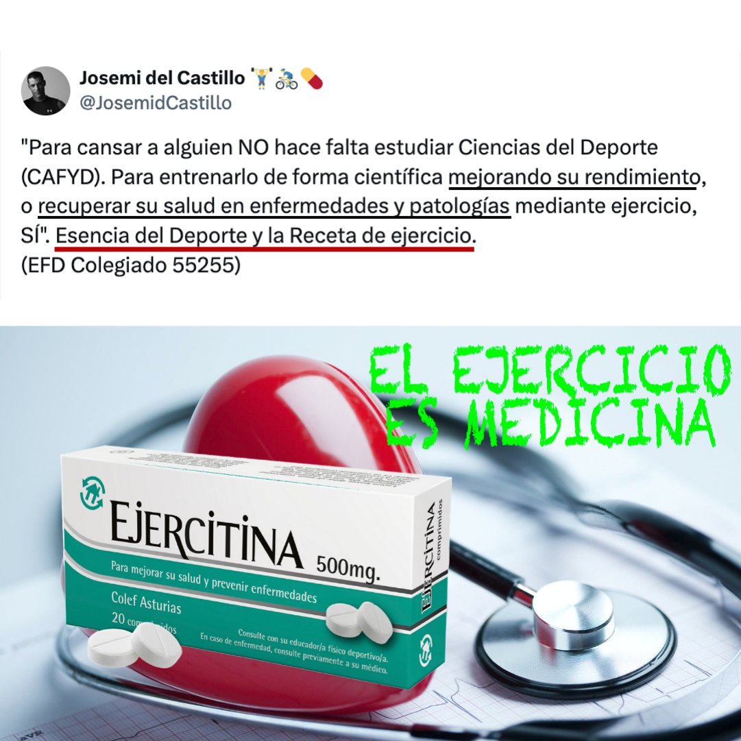 JosemidCastillo's tweet photo. "Para cansar a alguien NO hace falta estudiar Ciencias del Deporte (CAFYD). Para entrenarlo de forma científica mejorando su rendimiento, o recuperar su salud en enfermedades y patologías mediante ejercicio, SÍ". Esencia del Deporte y la Receta de ejercicio.
(EFD Colegiado 55255) https://t.co/Bg4iHau8Yu