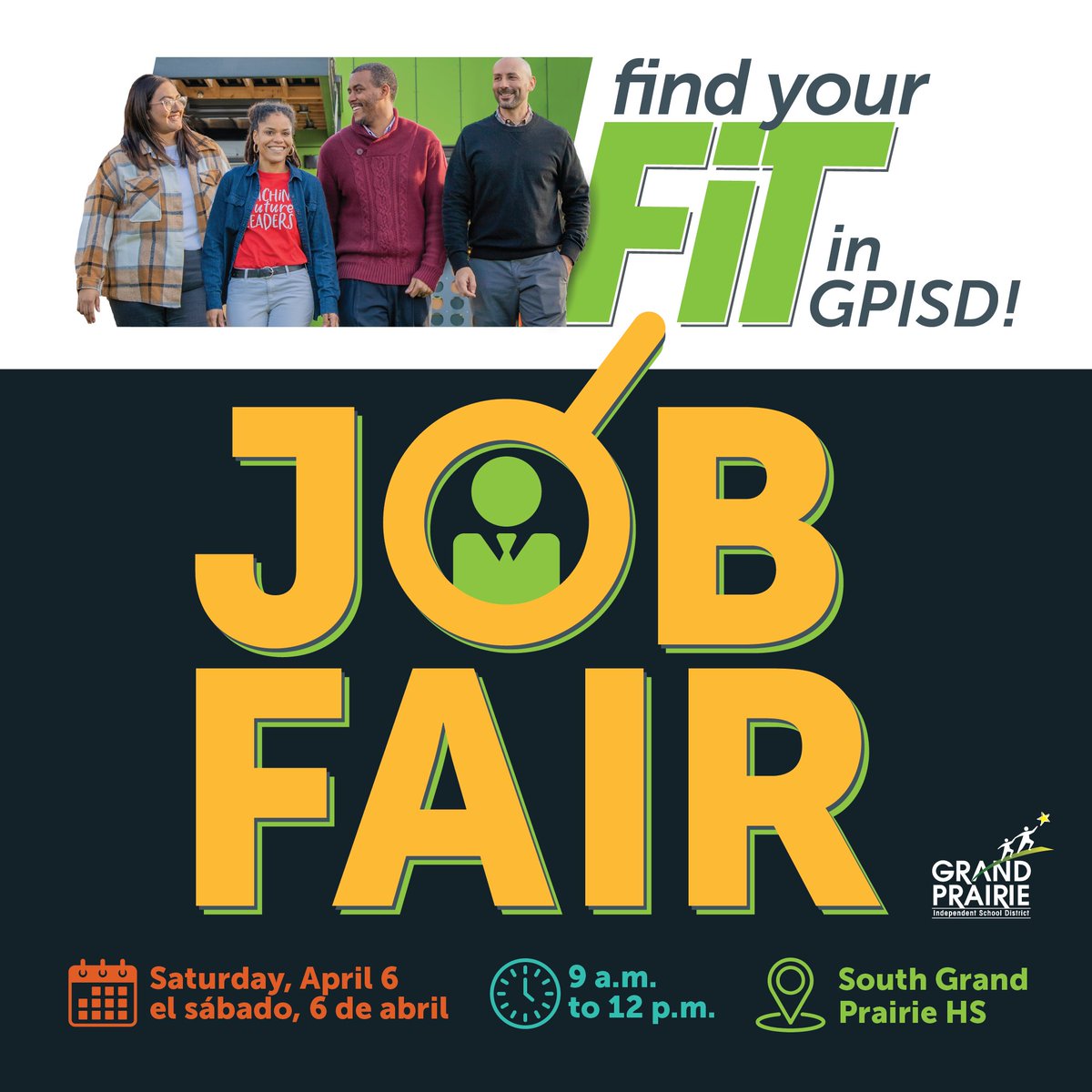 GPISD is looking for dedicated & compassionate professionals to fill vacancies across the district. Plan to attend our job fair on April 6, 9 am to 12 pm at South Grand Prairie HS located at 301 W Warrior Trail, Grand Prairie, TX 75052. To register visit gpisd.org/jobfair.