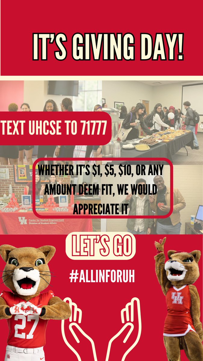 Today is the DAY!

Whether it’s $1, $5, $10 or Any Amount deem fit, we would appreciate it!

Together we can make a difference 
Link ( fundraise.givesmart.com/vf/UHCSE)

#universityofhouston #UH #GoCoogs #giving #UofH #donate