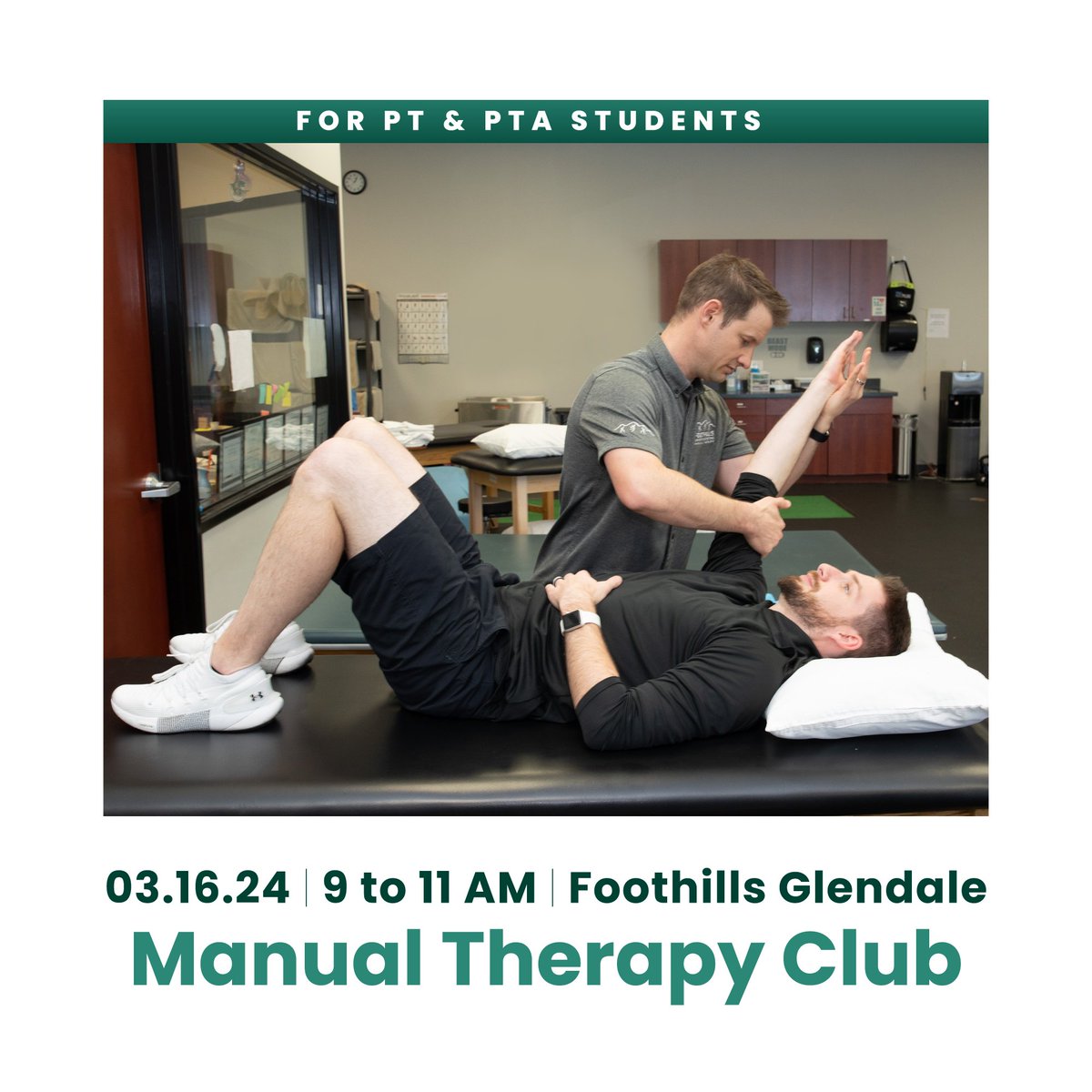 PT&amp; PTA Students: Bring your orthopedic techniques from class and get feedback from Dr. Andrew Songer &amp; Dr. Kevin Truitt on Saturday, February 24, 2024, from 9 to 11 AM.

RSVP: foothillsrehab.com/manual-therapy…

#physicaltherapy #SPT