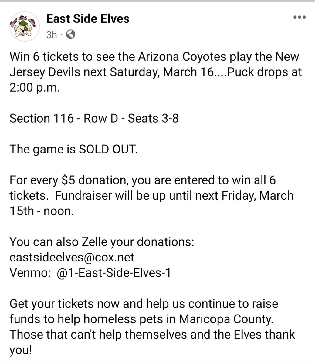 gregdunaway's tweet photo. #Coyotes community, save shelter pups &amp; win SIX TICKETS to the Coyotes vs Devils game on March 16th?! 

Julie &amp; the East Side Elves save shelter dogs in AZ every day!  Help our overcrowded shelters and get a chance to go to a game w/ the whole family!
@CraigSMorgan @Five4Howling https://t.co/5fdZ5U5J7j