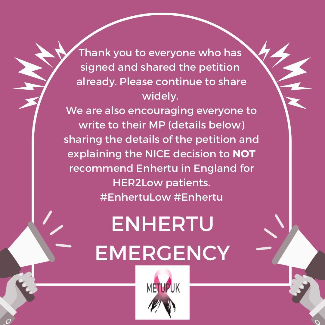 METUPUKorg's tweet photo. 1/6 #EnhertuEmergency
Write to your MP

The Enhertu Emergency petition has had a phenomenal first 24 hours, and at the time of writing this post has been signed by over 68,000 people. https://t.co/v0WIWAFmu5