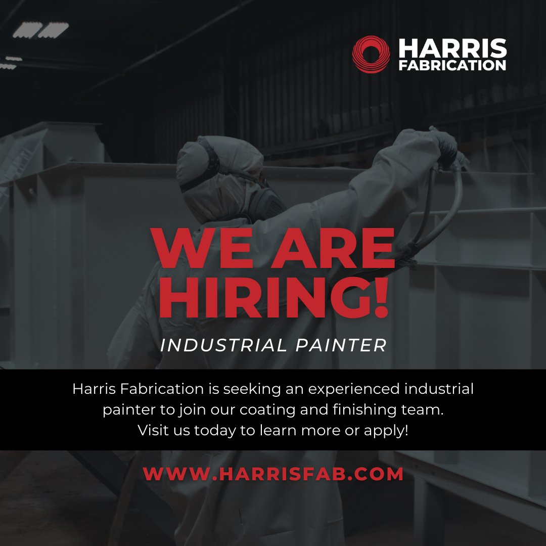 TheHarrisFab's tweet image. Harris Fabrication is seeking an industrial painter to join our team! We offer a comprehensive benefits package and an excellent company culture - apply today!

For more information, visit us at harrisfab.com/careers

#employment #KansasJobs #TopekaJobs #Manufacturing
