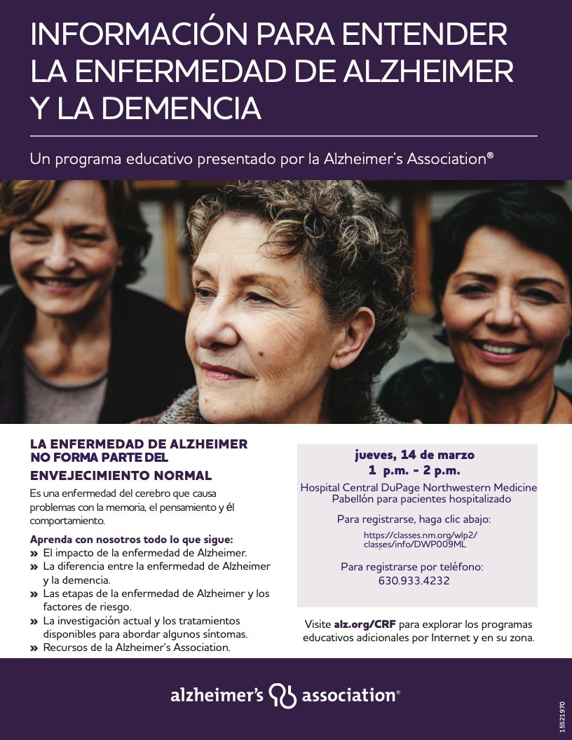 Join @NorthwesternMed and @alzIllinois on the NM Central DuPage Hospital (CDH) Campus on 3/14 for 'Comprender el Alzheimer y la demencia.' This Spanish language presentation is intended to educate on Alzheimer's and dementia. Learn more and register: classes.nm.org/wlp2/classes/i…