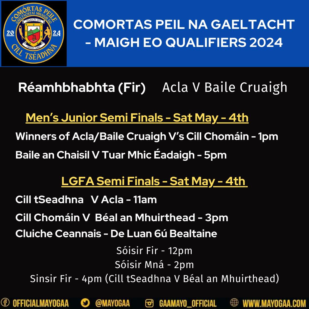 Comórtas Peile na Gaeltachta Mhaigh Eo Qualifiers 2024 Cill tSeadhna. 📖 Full Fixture details in link below ⬇️⬇️⬇️ mayogaa.com/2024/03/07/com…