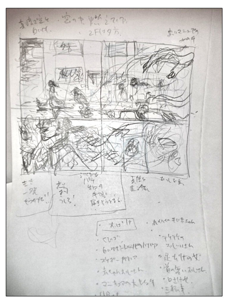 #このタグを見た人はラフ画とその完成絵を見せる
漫画のネームのラフその2。見開きはちょっと大きめに描く。これも写メって下書きの下敷きにしてる。変に丁寧にやらない事で、後で変更したくなった時に消費した労力を天秤にかけて決断を躊躇するのを防いでいる。
